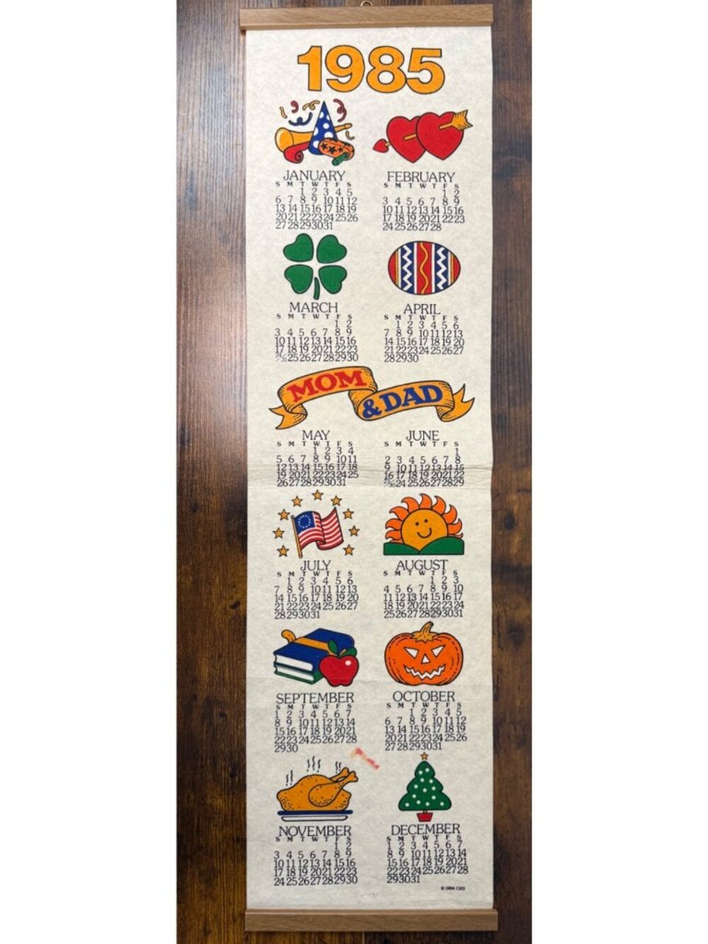 Vintage 1985 Wall Calendar With Seasonal Illustrations & Wooden Hanger